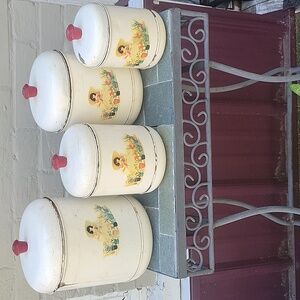 Vintage Canister Set. White Metal Tins Decals In Good Condition... See Photos